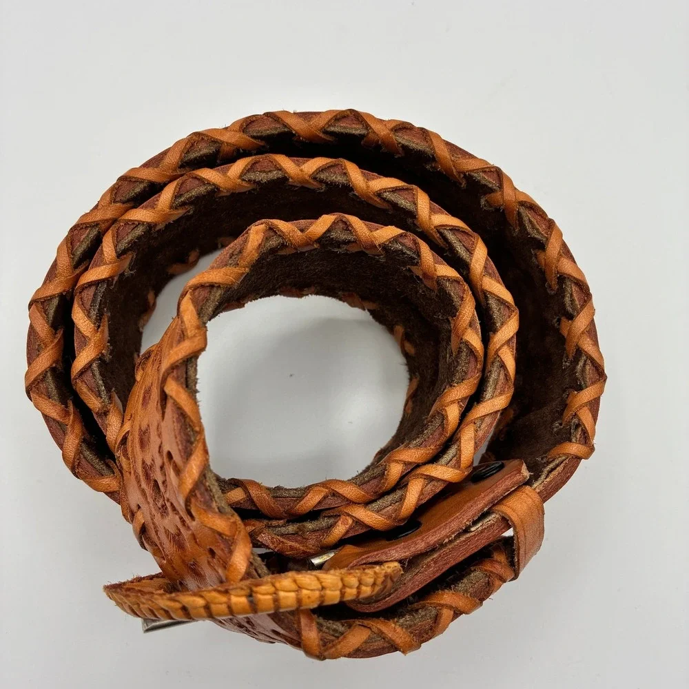 Vintage Hand Tooled Leather Belt Mens 38 Tan Whipstitch Western Boho Cutout
